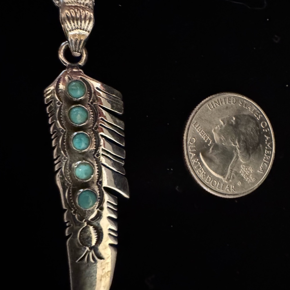 Sterling Silver native Feather Pendant Necklace with genuine‎ Turquoise Accents - Picture 5 of 9